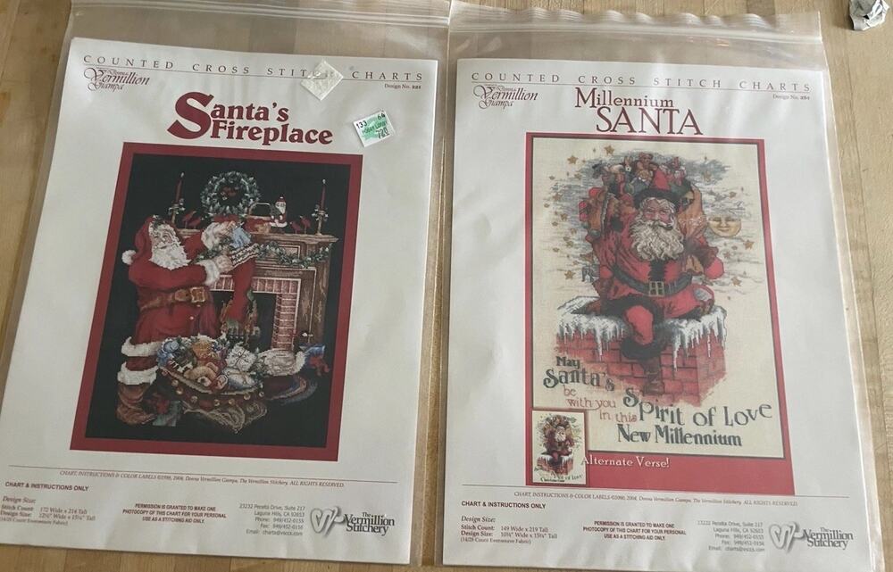 Lot of 2 Vermillion Stitchery Santa Claus Christmas Cross Stitch Patterns